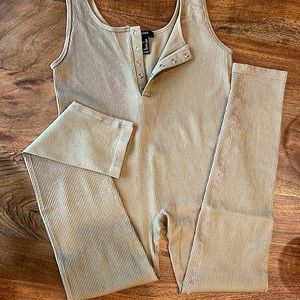 light brown ribbed spandex onesie athletic jumpsuit